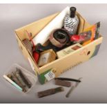 A box of miscellaneous, to include cut throat razors, spectacles, quartz Woodford clock etc.