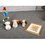 A box of assorted including Poole vase, Bols pottery figure and Murano glass clown etc.