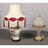A ceramic floral design table lamp,to include a glass table lamp.