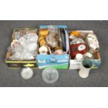 Three boxes of miscellaneous, to include cut glass, Wade veteran car club mugs, clocks,