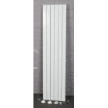 A white vertical flat column radiator with four brackets and a pair of chrome valves, 180cm x