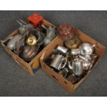 Two boxes of assorted metalwares including pewter and silver plated tea services and a tilley lamp