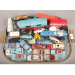 A tray of vintage die cast model vehicles and parts including Corgi and Dinky. Heavily play worn.