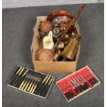 A box of metalwares, to include brasswares, copper bed pan, boxed cutlery etc.