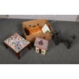 A box of miscellaneous including resin model of a poodle and bird feeder etc.