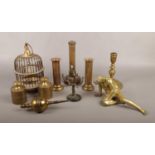 A collection of metalwares, to include brass figure, weights, birdcage etc.