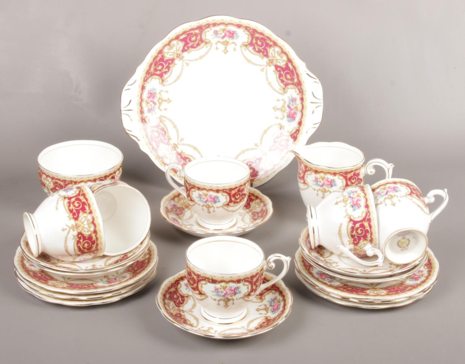 A collection of Queen Anne Regency pattern tea set, cups, saucers, sugar bowl, milk jug etc