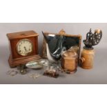 A group of collectables, to include oak mantle clock, gilt frame mirror, silver napkin ring,