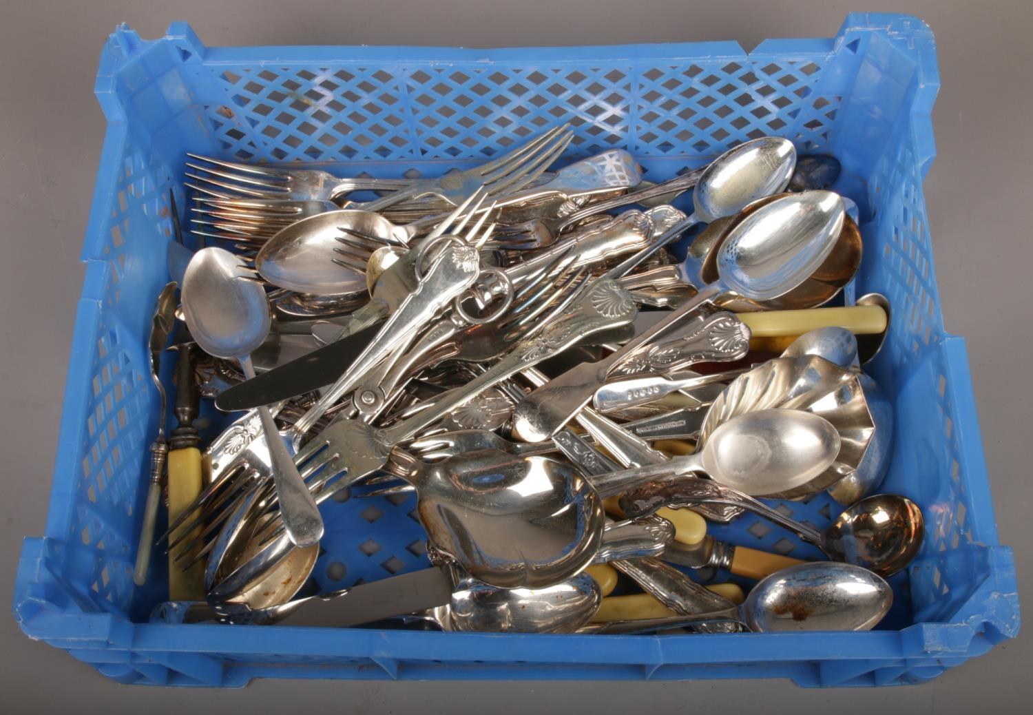 A box of silver plate cutlery, to include George Butler Cavendish etc.