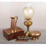 A mixed group to include oil lamp, mahogany writing slope etc.