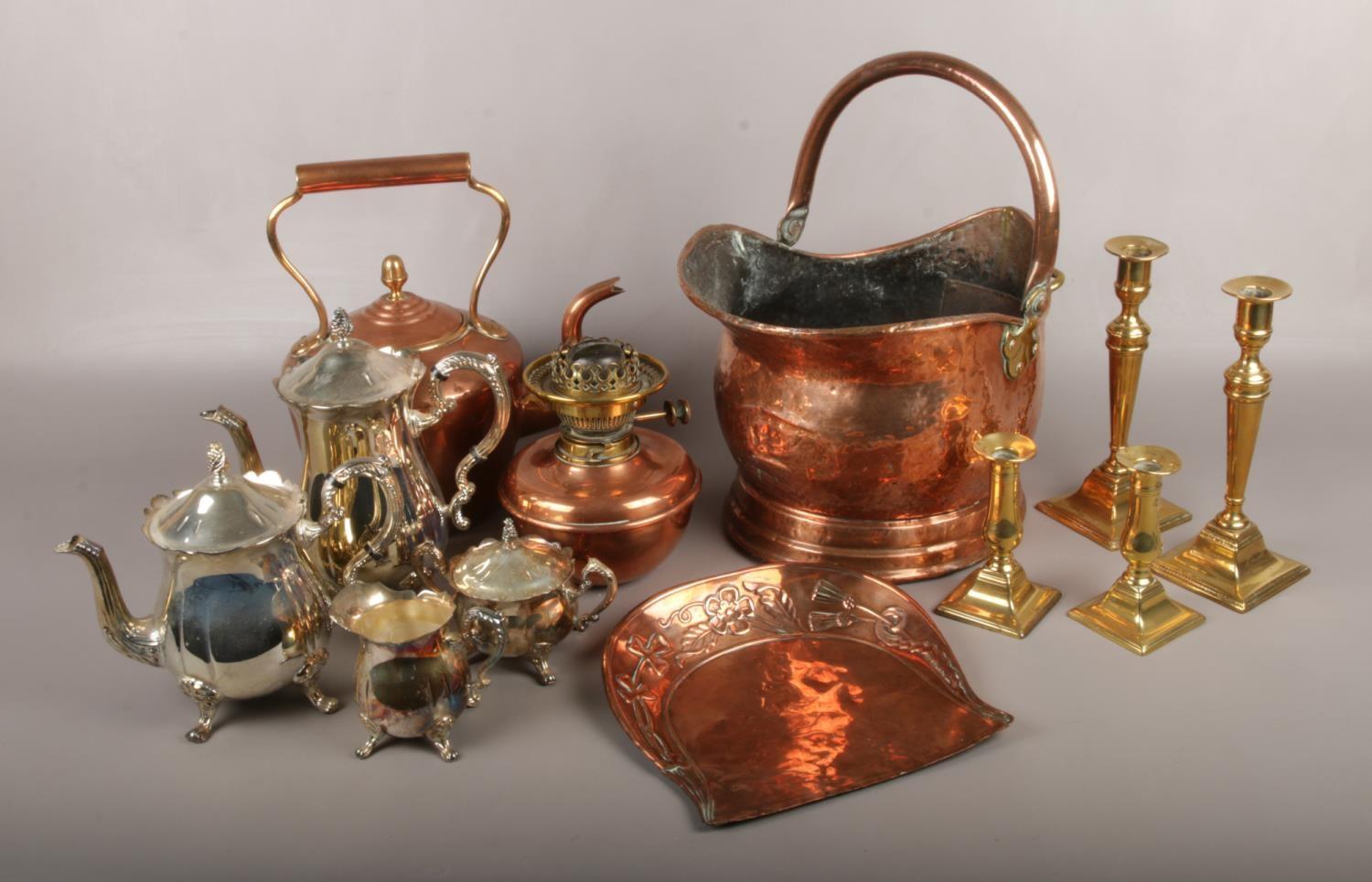 A good collection of metalwares, to include copper coal scuttle, silverplate teaset, brass