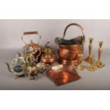 A good collection of metalwares, to include copper coal scuttle, silverplate teaset, brass