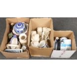 Three boxes of miscellaneous mainly ceramic's, Wedgwood 'Windsor' teapot, jug, sugar bowl, ceramic