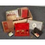 A box of collectables, Cigarette picture card album John Player & Sons example, Ronson vintage