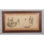 An early 20th century Chinese painting on silk. With a dignitary, attendants and figure playing a