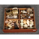 A collection of silver plate, brassware and hardstone carvings etc.