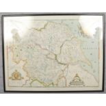 A framed print, Saxton's map of Yorkshire 1577, printed by Taylowe Limited 1968.