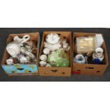 Three boxes of miscellaneous mainly ceramics, floral tea set with cake stand, Large vases, jugs, etc