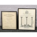 Framed engraved initiation certificate for the United Grand Masonic Lodge, Rockingham at Swinton.
