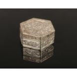 A Continental hexagonal silver pill box. Stamped 800.