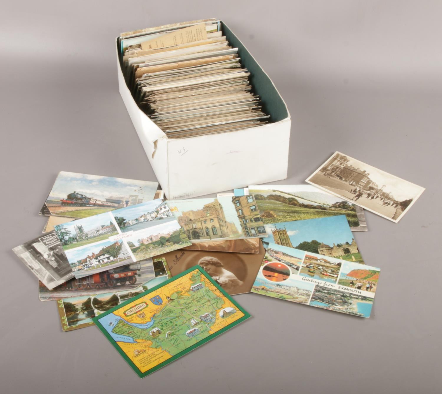 A box of vintage postcards, Cheshire, Exmouth, Long Melford examples (approx 500)