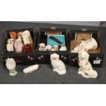 Three boxes of miscellaneous, Sylvac, Wade examples, Vases, Jugs, Mantel dogs etc