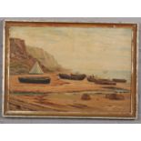 A. E. Champ (Edwardian School), framed oil on canvas. Beach scene with with figures and boats, a