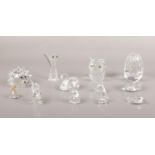 A collection of mainly Swaroski glass animals, Hedgehog, Rabbit, Cat, Penguin, Owl examples Cat