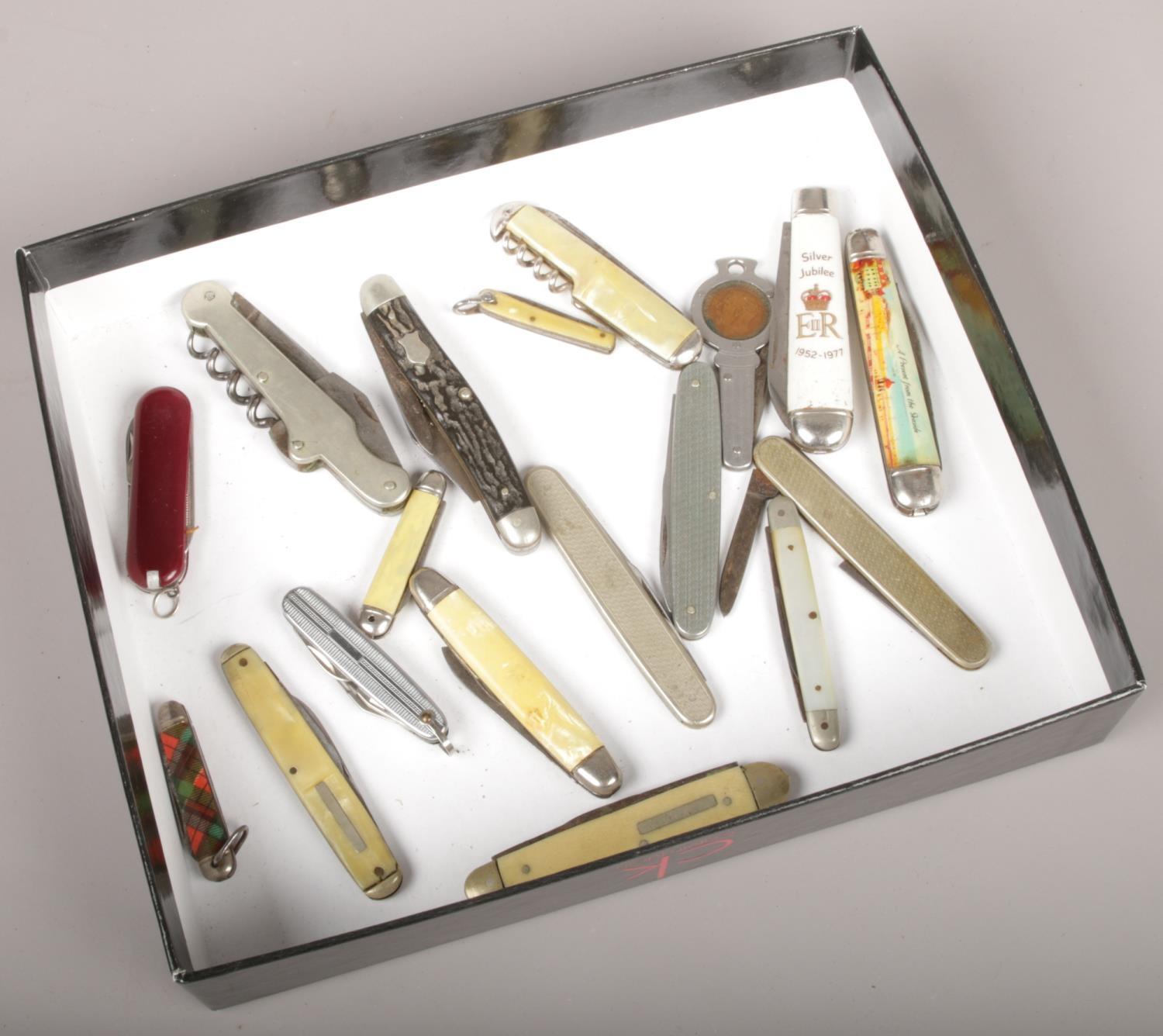 A collection of pen knives, Richards of Sheffield example, mother of pearl inlaid examples,