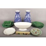 A collection of ceramics, to include pair of blue and white vases, Cantonese dish, leaf mould