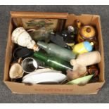 A box of miscellaneous to include pewter tankards, coloured glasswares, cabinet plates etc.