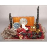 A tray of collectables, to include bijou prayer books, clocks, hand fan etc.