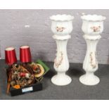 A box of miscellaneous, table lamps, ceramic figurine to include two ceramic plant stands & pots.
