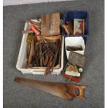 A box of vintage hand tools, to include Crown saw, Primus stove etc.