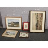 A small collection of framed pictures and prints including tractors of the fifties collectors cards