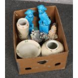 A box of miscellaneous mainly ceramic, vase, plant pot, oriental style mantel dogs etc
