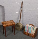 A collection of miscellaneous, vintage brass bed warmer, wooden shelf with drawers (approx 38 cm