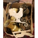 A box of metalwares, bells, brass vases, Hanging basket bracket etc