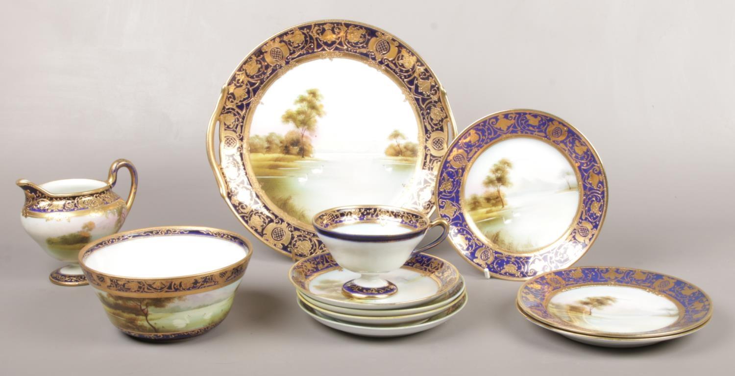 A collection of Noritake porcelain, blue/gilt pattern, plates, jug, bowl, cup saucers etc No chips