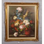 F. Walton (mid-late 20th century). Gilt framed oil on canvas. Still life vase of flowers in Dutch