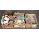 Three boxes of miscellaneous, to include a quantity of Leonardo Collection figures, brasswares,