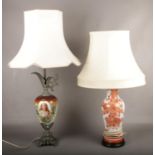 Two pottery table lamps, one of ewer form with printed portrait of a maiden and metal mounts.