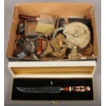 A box of mixed collectables, boxed Royal Crown Derby cake knife, silver plated crumb scoop, Scottish