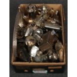 A box of metalwares to include silver plate, serving tray, tea/coffee pots,, jugs, cutlery,
