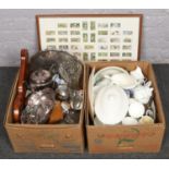 Two boxes of miscellaneous, to include Olde Hall tea set, Woods & Son, barometer, framed cigarette