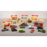 A collection of die cast vehicles, Models of Days Gone, Matchbox, Corgi examples, Kellogg's Rice