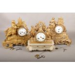 Three gilt metal mantle clocks, one on alabaster base with Leroy A Paris stamped to dial. One