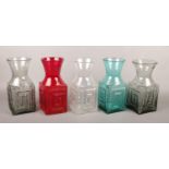 Five large Dartington glass vases by Frank Thrower. FT58 with moulded Greek key design in flame,