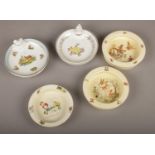Five ceramic baby dishes, Beswick, Royal Winton, Limoges examples