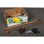 A box of miscellaneous, Pifco Electric trouser presser, Vintage flat iron, two walking sticks, etc